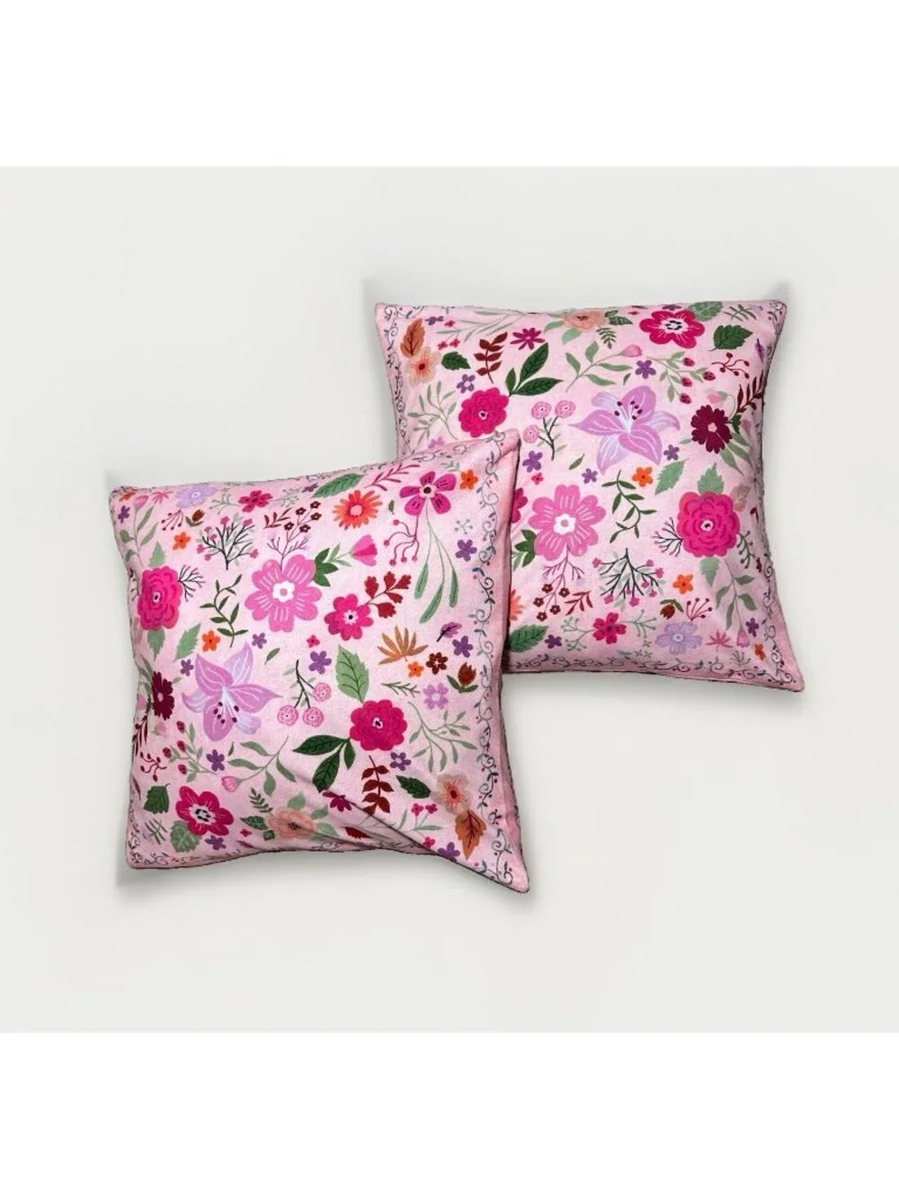Pillow Covers 18 X 18 Set Of 2 Pink Floral With Green Multi Color Soft Velvety